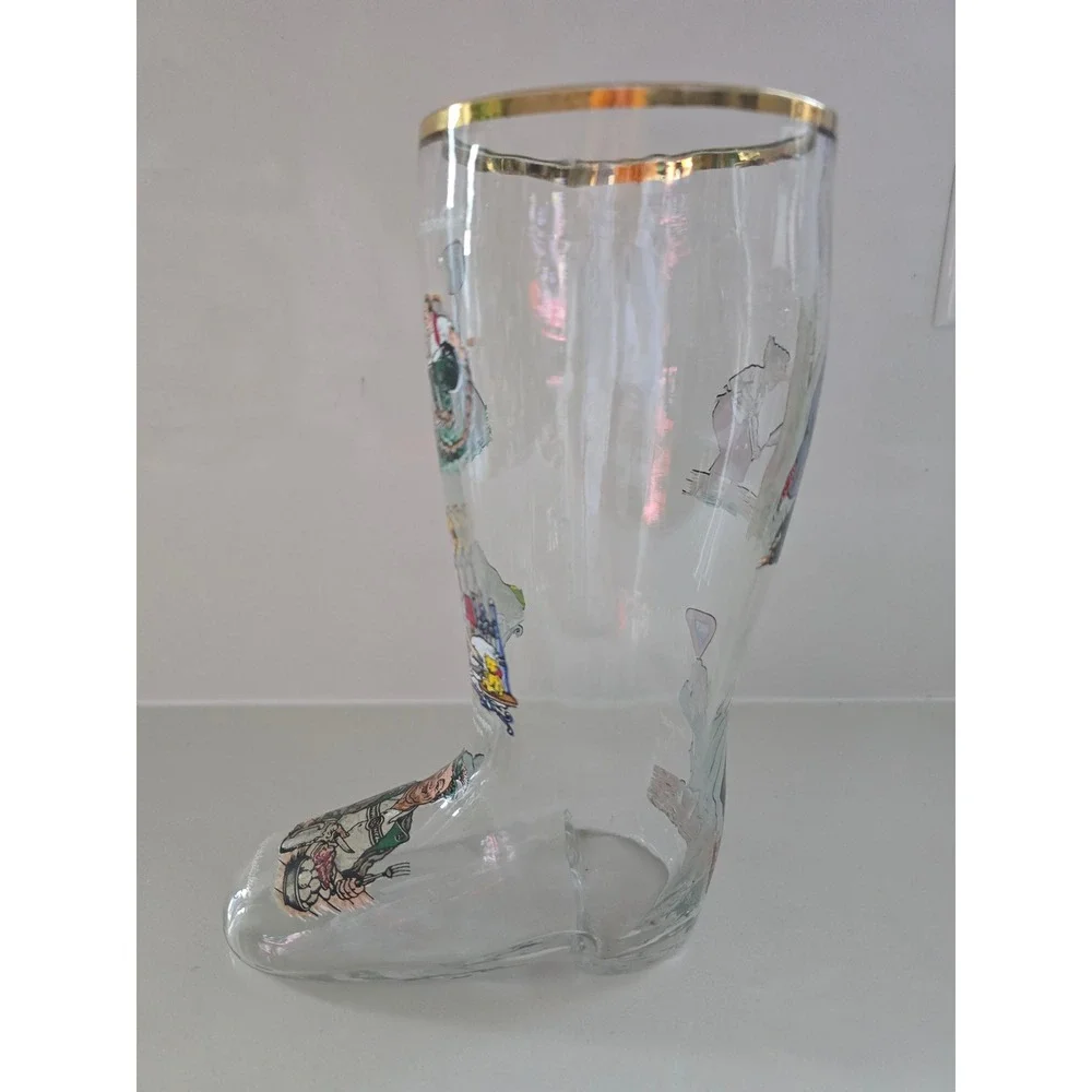 Vintage German Beer Boot Glass Gold Rim Humorous Bavarian‎ Illustrations 9 Inch